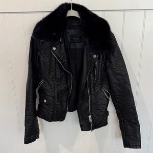Zara Black Faux Leather Biker Jacket with Faux Fur Collar
